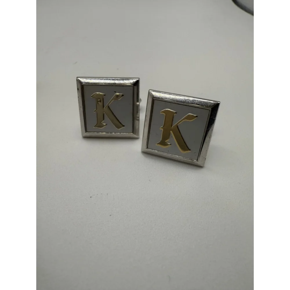 Men's Swank Silver Gold Tone K Initial Cuff Links & Tie Clip Set One Size